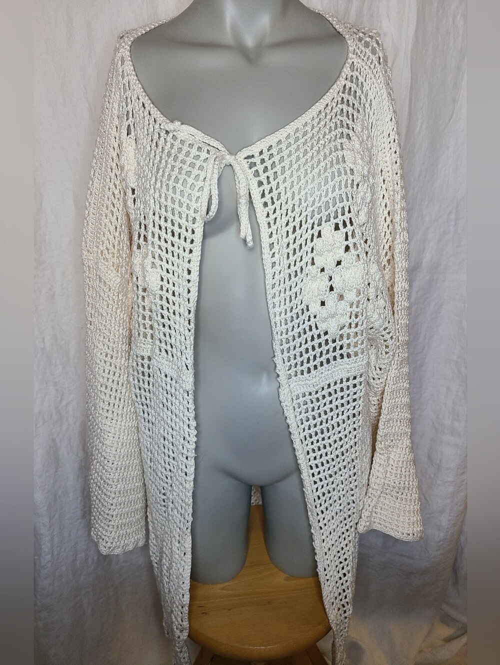 Open-Front Crochet Tie-Top Cardigan in Cream